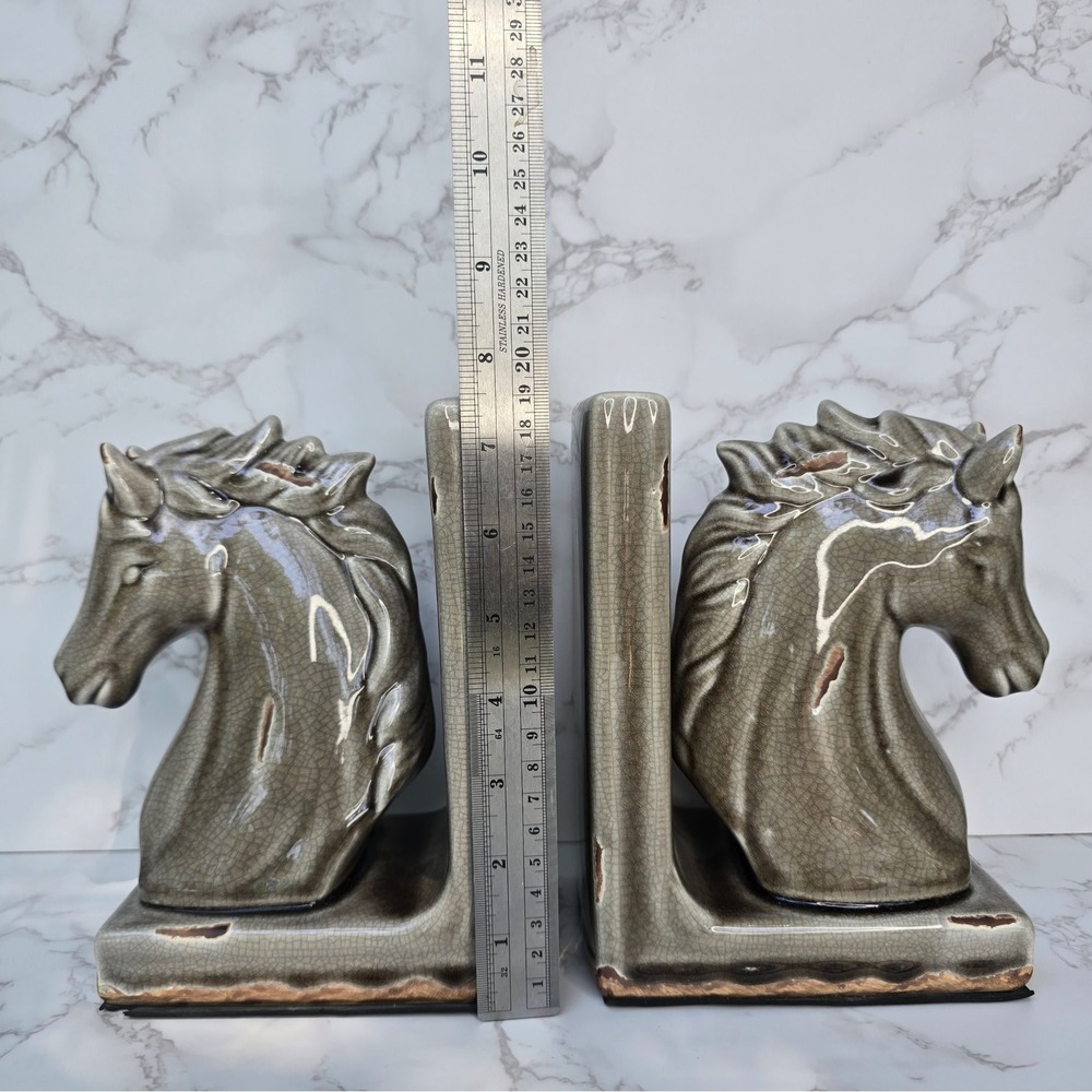Vintage MCM Ceramic Horse Head Bookends Crackle Glaze Equestrian Decor Set - Picture 12 of 15